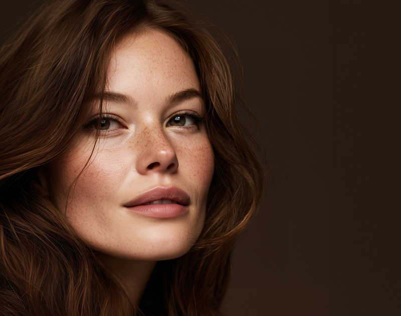 Eine Frau mit Sommersprossen und braunem Haar schaut lächelnd in die Kamera. Sie hat wunderschöne, glatte Haut und rosige Wangen.