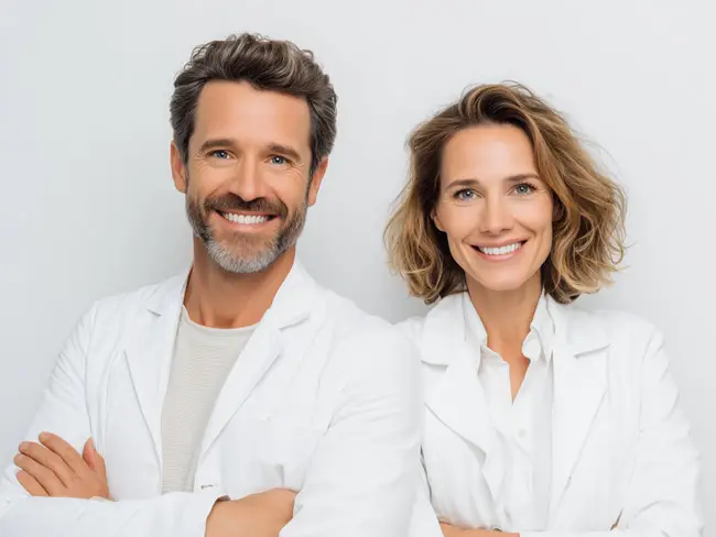 Zwei Personen in weißen Kitteln stehen nebeneinander mit sympathischem Lächeln vor hellem Hintergrund.