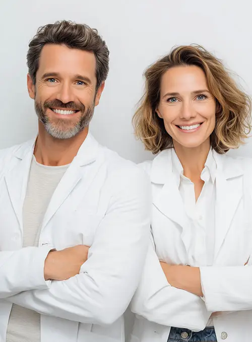 Zwei Personen in weißen Kitteln stehen nebeneinander mit sympathischem Lächeln vor hellem Hintergrund.