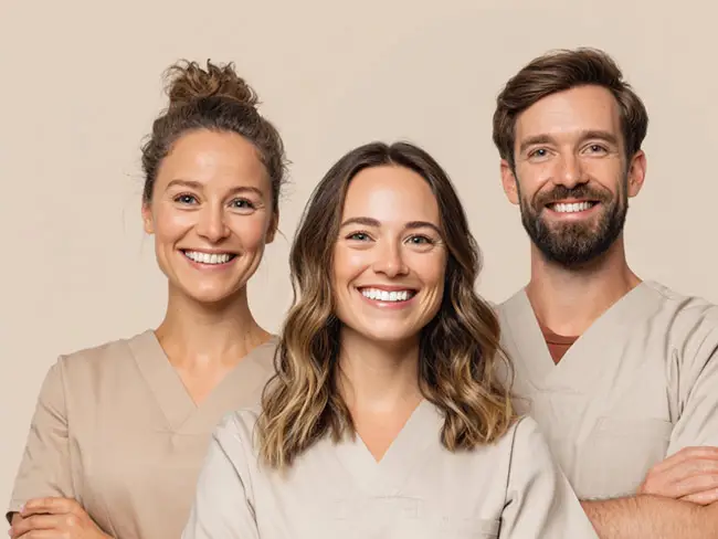 Drei Personen in beigen medizinischen Kasacks stehen mit verschränkten Armen vor hellem Hintergrund.