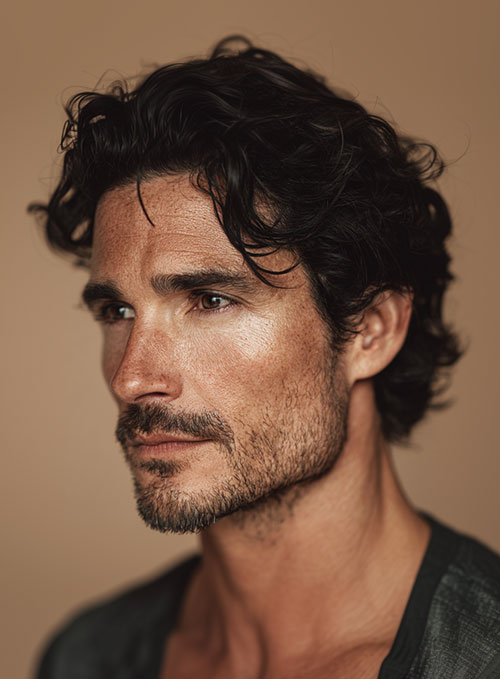 Ein Mann mit lockigem Haar und einem Bart schaut in die Kamera.