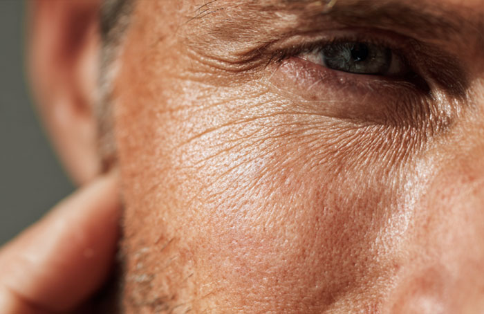 Nahaufnahme eines Mannes mit Bart, der von einer Lichtquelle links von ihm angestrahlt wird