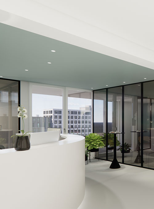 Rendering Aufnahme der Hautarztpraxis HAUT³ mit modernem Empfangsbereich, geschwungenem weißen Tresen, Glaswänden, Pflanzen und Blick auf umliegende Gebäude